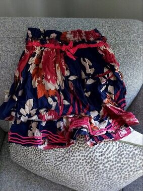 Navy Floral Tiered Ruffle Skirt with Pink Trim